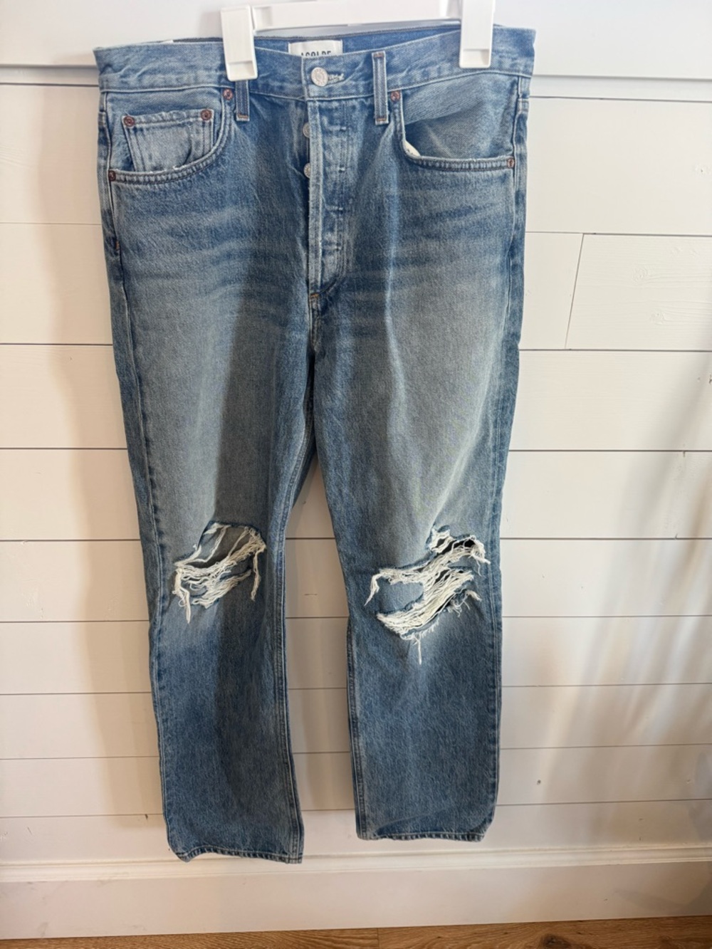 Agolde Kelly Jeans High Rise Straight Leg Distressed Knees Detail size 28